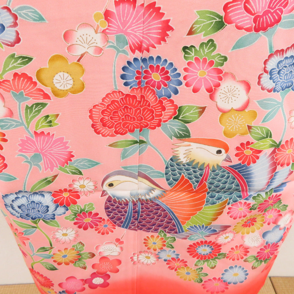 子供着物 女の子用 四つ身 襦袢セット 花に鴛鴦文様 桃色 正絹 袷