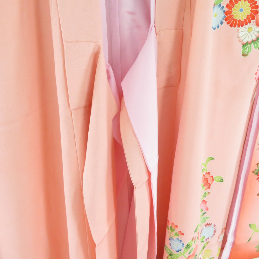 子供着物 女の子用 四つ身 襦袢セット 花に鴛鴦文様 桃色 正絹 袷