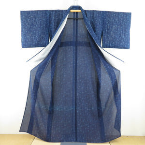 Summer kimono single garlic pure silk silk summer bamboo with a sparrow pattern dark blue x light blue wide collar tailored 156cm