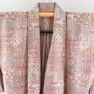 Tsumugi Kimono Single Character Beige Pink x Light Green Building Puro Pure Silk Casual Casual 155cm