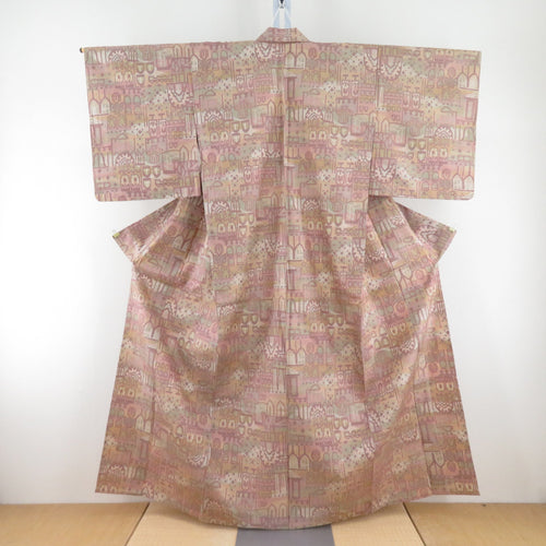 Tsumugi Kimono Single Character Beige Pink x Light Green Building Puro Pure Silk Casual Casual 155cm