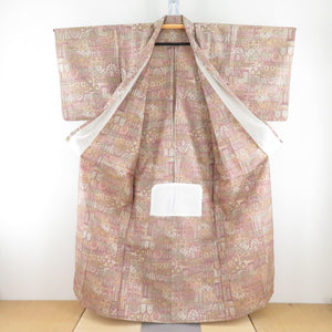 Tsumugi Kimono Single Character Beige Pink x Light Green Building Puro Pure Silk Casual Casual 155cm