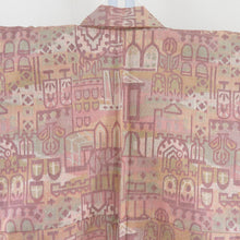 Load image into Gallery viewer, Tsumugi Kimono Single Character Beige Pink x Light Green Building Puro Pure Silk Casual Casual 155cm