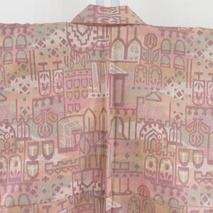 Tsumugi Kimono Single Character Beige Pink x Light Green Building Puro Pure Silk Casual Casual 155cm