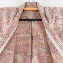 Load image into Gallery viewer, Tsumugi Kimono Single Character Beige Pink x Light Green Building Puro Pure Silk Casual Casual 155cm