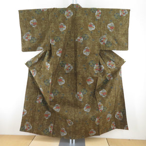 Tsumugi kimono single garment khaki color x gray x navy blue bee collar silk silk casual height 155cm