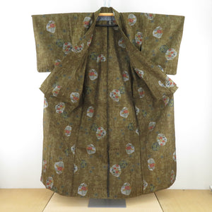 Tsumugi kimono single garment khaki color x gray x navy blue bee collar silk silk casual height 155cm