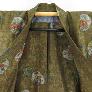 Tsumugi kimono single garment khaki color x gray x navy blue bee collar silk silk casual height 155cm