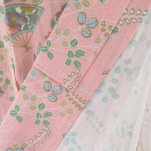 Komon Komon Konjin flower on a fan pattern Salmon pink x multicolor bee collar silk silk casual height 153cm