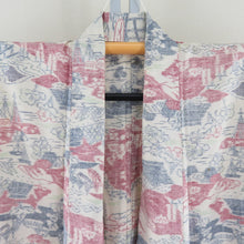 Load image into Gallery viewer, Tsumugi Kimono single clothing scenery pattern beige x pink x light blue wide collar silk casual