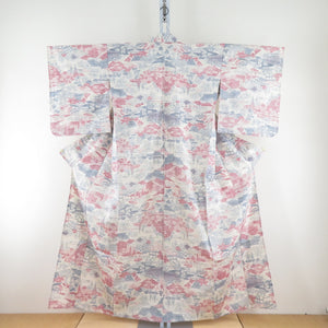 Tsumugi Kimono single clothing scenery pattern beige x pink x light blue wide collar silk casual