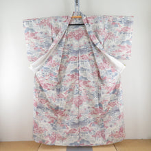 Load image into Gallery viewer, Tsumugi Kimono single clothing scenery pattern beige x pink x light blue wide collar silk casual