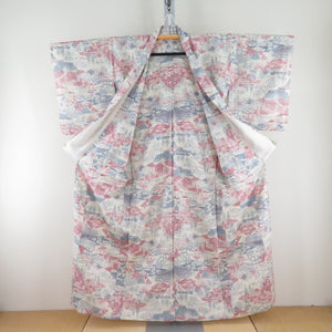 Tsumugi Kimono single clothing scenery pattern beige x pink x light blue wide collar silk casual