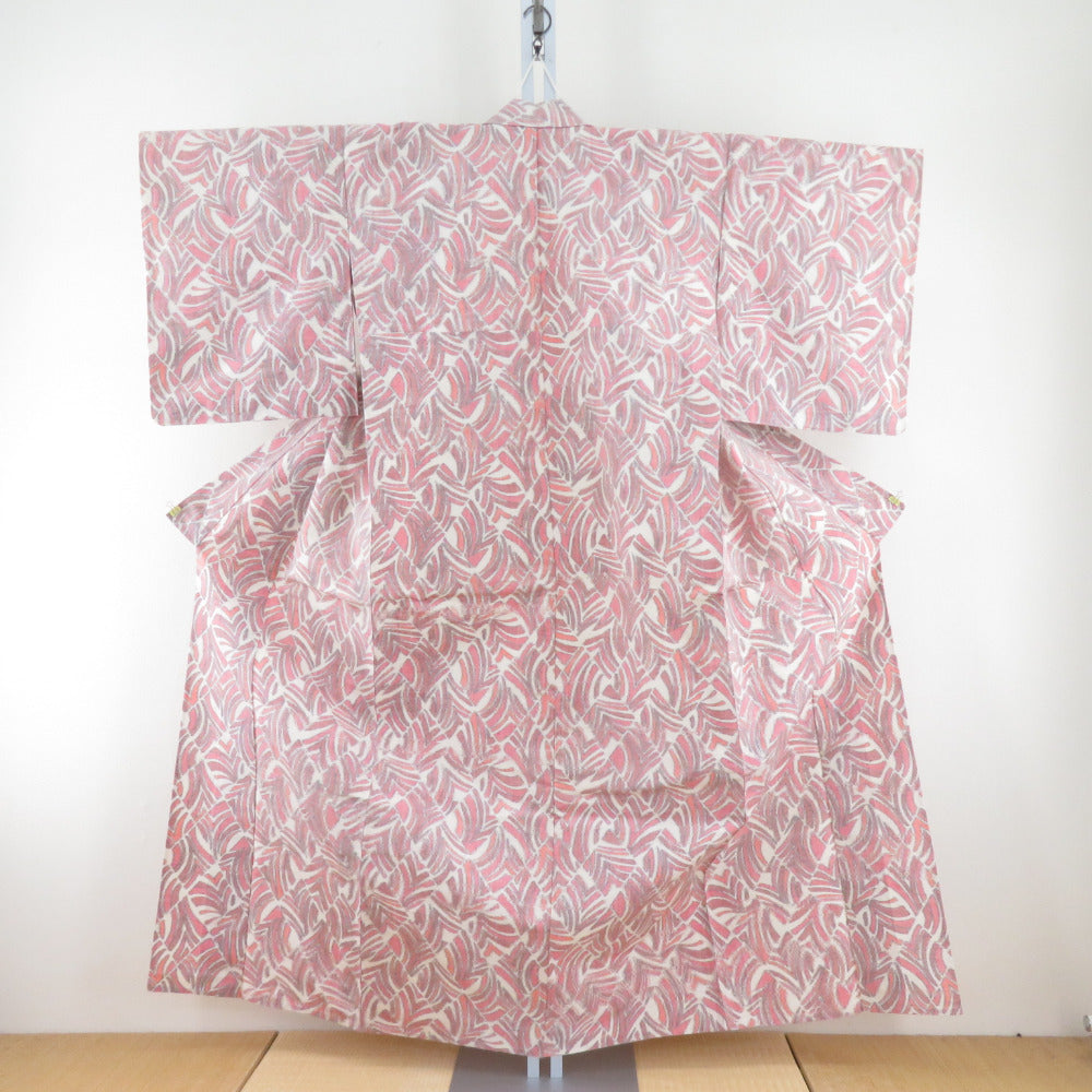 Tsumugi Kimono Kimono Geometric Pattern Beige x Pink x Red Orange Bachi Collar Pure Silk Casual