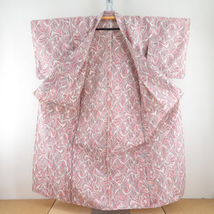 Tsumugi Kimono Kimono Geometric Pattern Beige x Pink x Red Orange Bachi Collar Pure Silk Casual