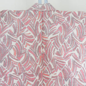 Tsumugi Kimono Kimono Geometric Pattern Beige x Pink x Red Orange Bachi Collar Pure Silk Casual