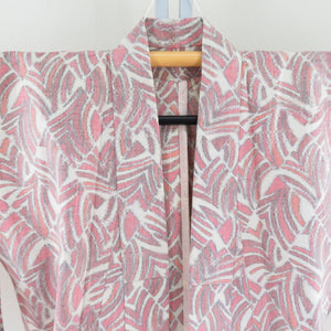 Tsumugi Kimono Kimono Geometric Pattern Beige x Pink x Red Orange Bachi Collar Pure Silk Casual