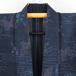 Summer kimono single garment polyester summer small blue blossoms with butterfly pattern Bachi collar tailored