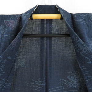 Summer kimono single garment polyester summer small blue blossoms with butterfly pattern Bachi collar tailored