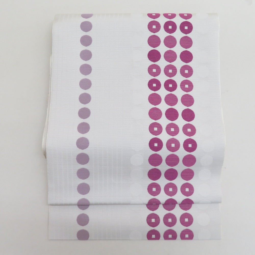名古屋帯 八寸帯 正絹 ドット柄 白色ｘ紫色ｘ薄灰色 カジュアル 長さ360cm 【キモノオフ野々市若松店】 名古屋帯 八寸帯 正絹 ドット柄 白色x紫色x薄灰色 カジュアル 長さ