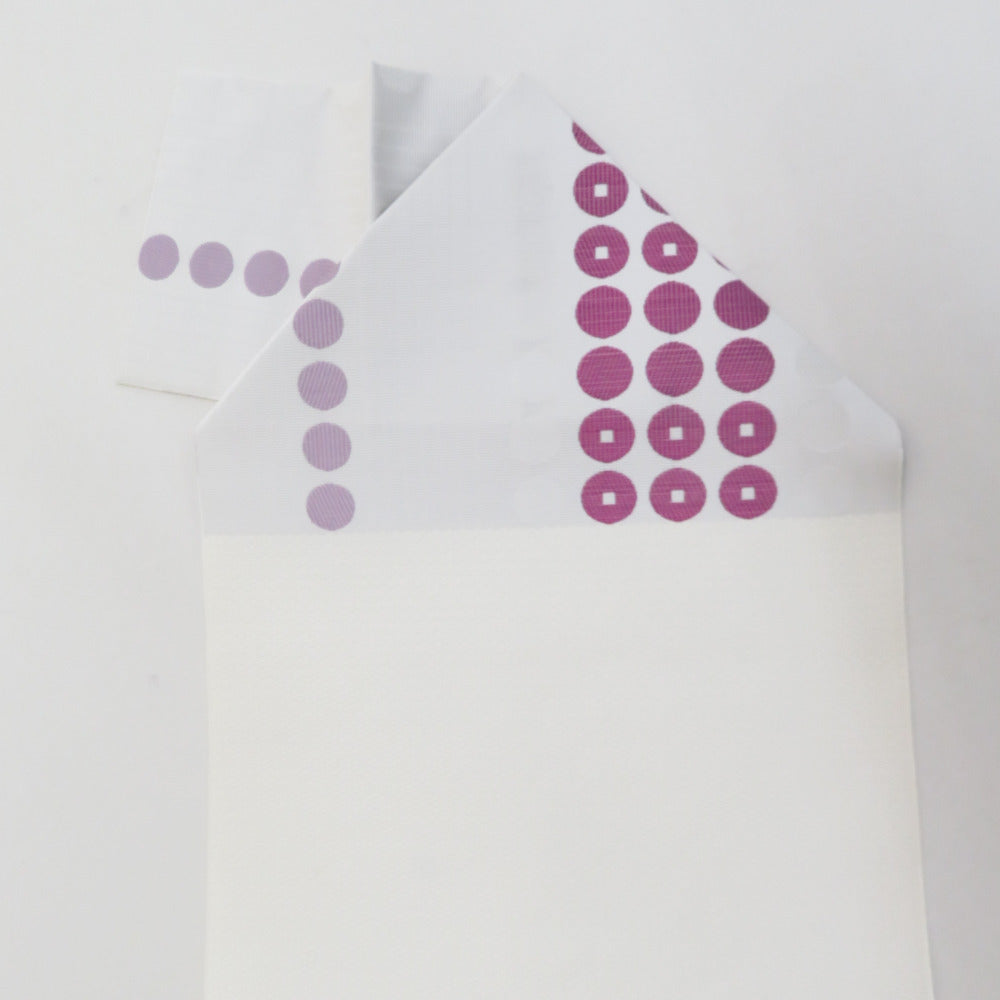 名古屋帯 八寸帯 正絹 ドット柄 白色x紫色x薄灰色 カジュアル 長さ