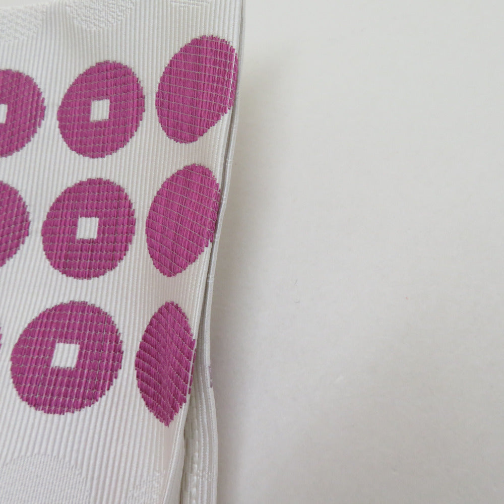 名古屋帯 八寸帯 正絹 ドット柄 白色x紫色x薄灰色 カジュアル 長さ