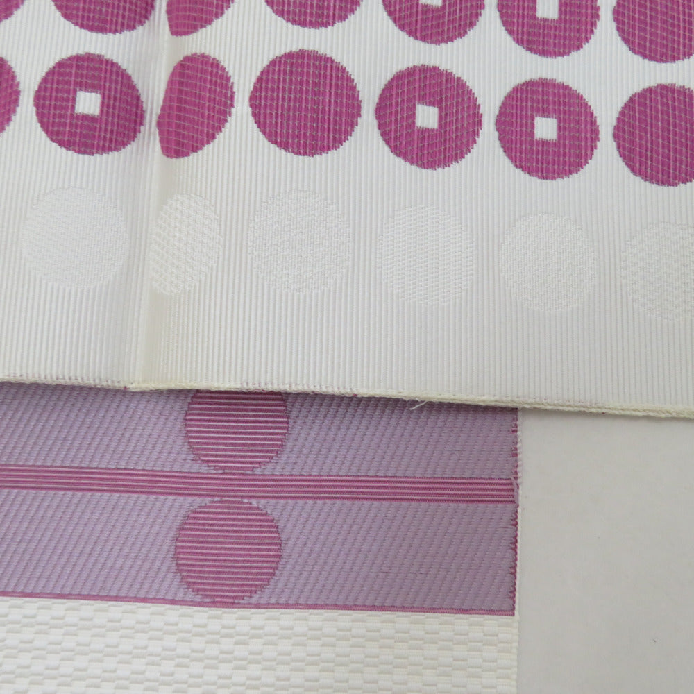 名古屋帯 八寸帯 正絹 ドット柄 白色x紫色x薄灰色 カジュアル 長さ