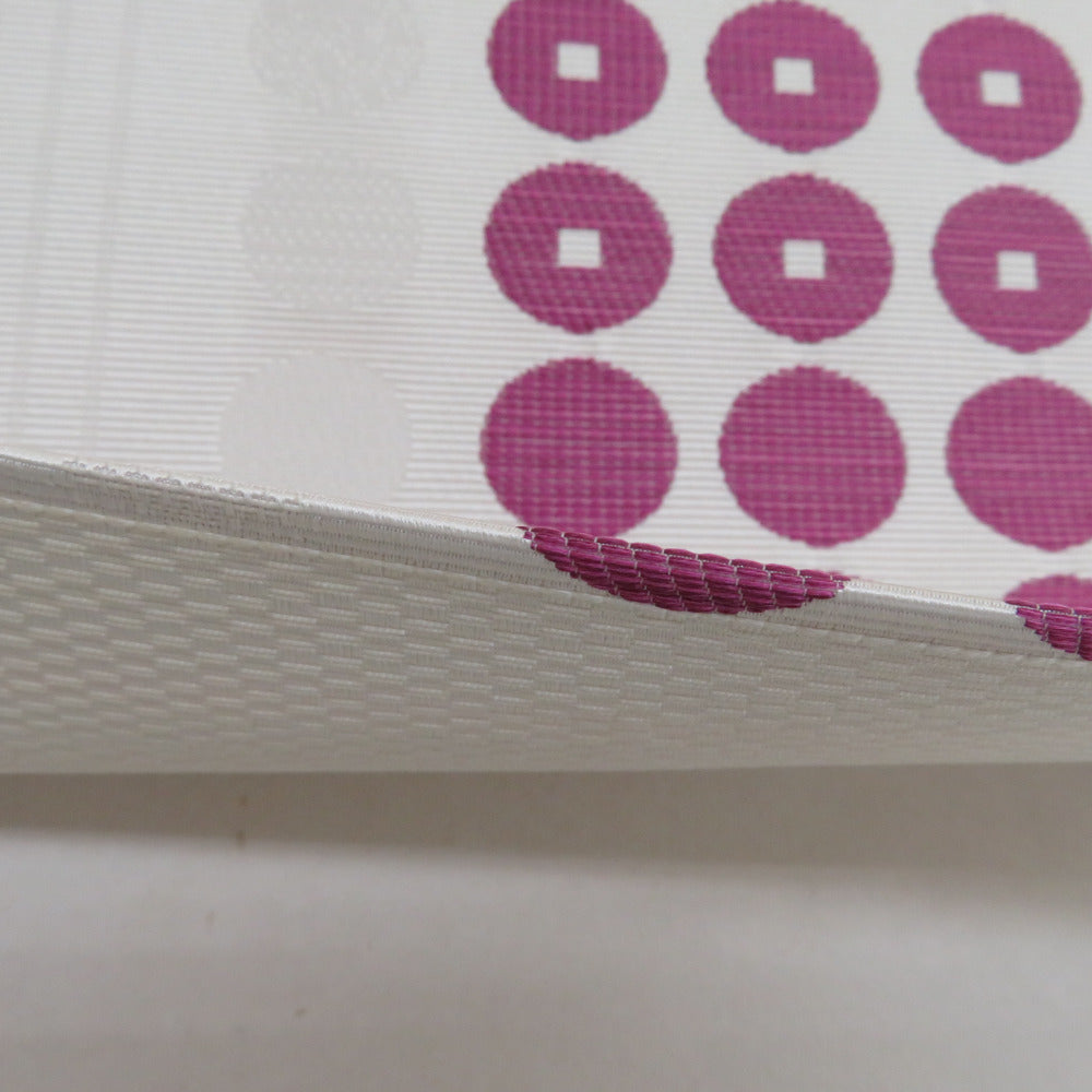 名古屋帯 八寸帯 正絹 ドット柄 白色x紫色x薄灰色 カジュアル 長さ