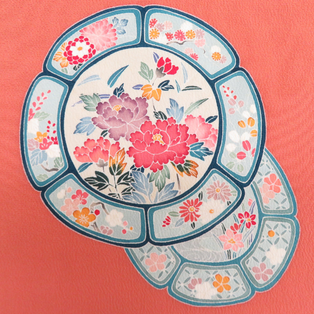 名古屋帯 友禅 友禅染帯 正絹 久谷更文様 お太鼓柄 コラールオレンジｘ多色 カジュアル 長さ355cm 【キモノオフ野々市若松店】 名古屋帯 友禅 友禅染帯 正絹 久谷更文様 お太鼓柄 コラールオレンジx