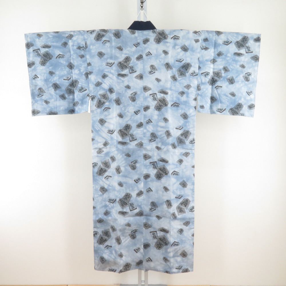 Baseball Polyester Men Shogi pattern Blue Washable long undergarment Casual men's kimono 138cm