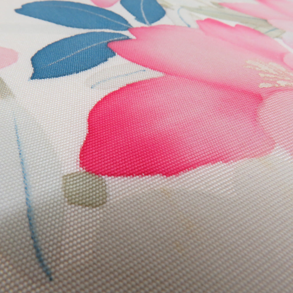 名古屋帯 塩瀬 正絹 花模様 お太鼓柄 白xピンクx多色