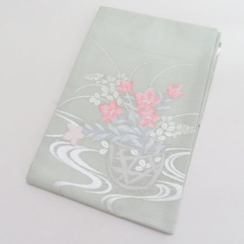 Nagoya Obi Garo Summer Bellflower Public Public Green X -Pink Color x White Silver Silver Core Pure Kimono Back 356cm