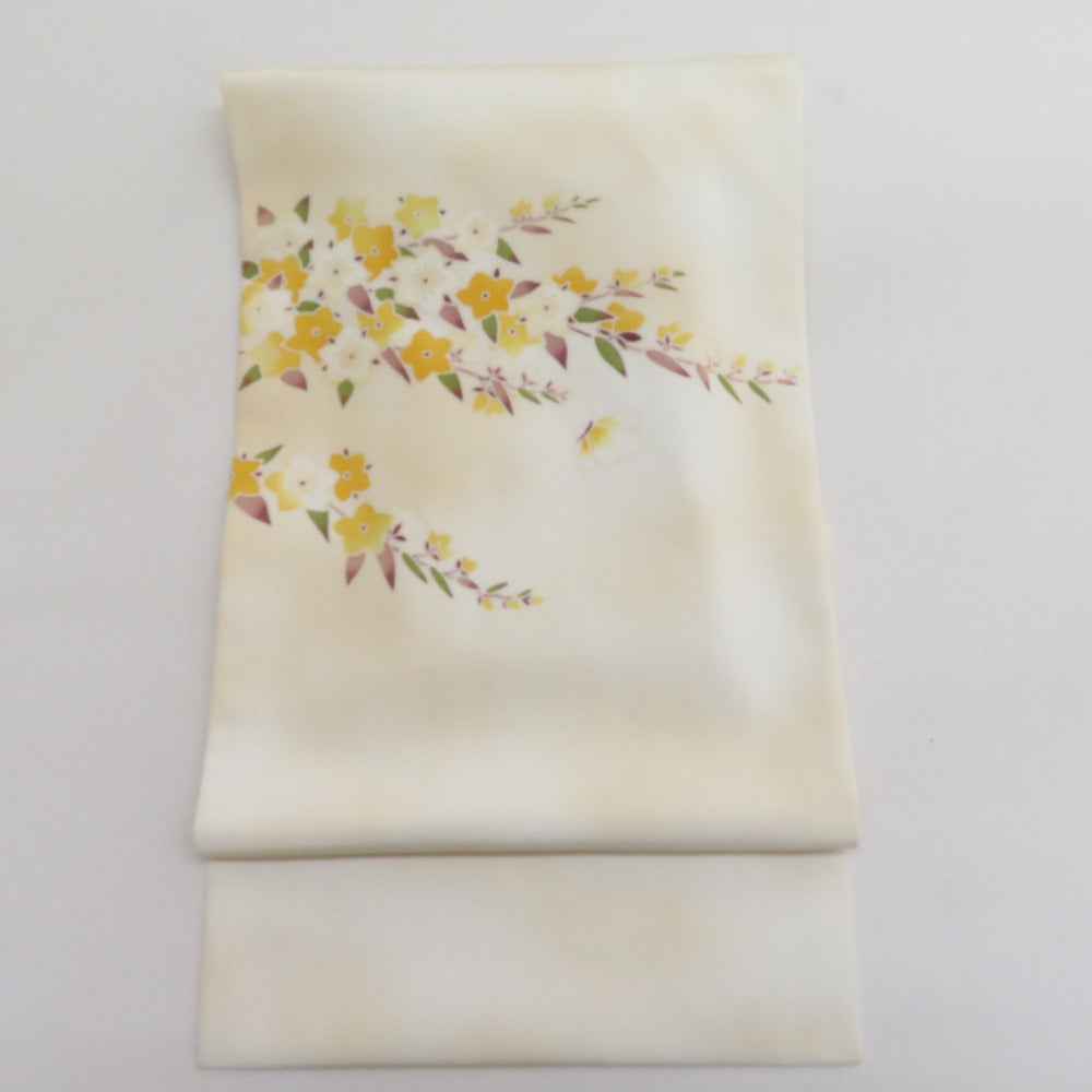 Nagoya Obi Silk Silk Yuzen Dyeing Obi Slow Cream Cream Color x Butterfly Pattern Casual Casual Length 370cm