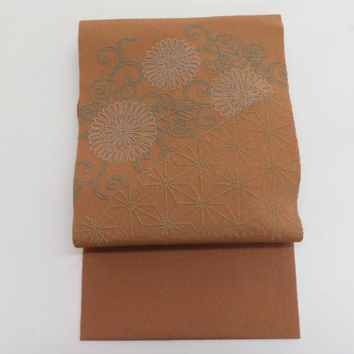 Nagoya Obi Silk Silk Crepe Crepe Brown x Green Chrysanthemum, Hemp Pattern Casual Casual Length 376cm