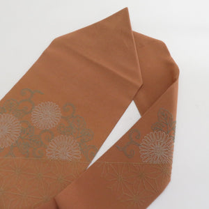 Nagoya Obi Silk Silk Crepe Crepe Brown x Green Chrysanthemum, Hemp Pattern Casual Casual Length 376cm