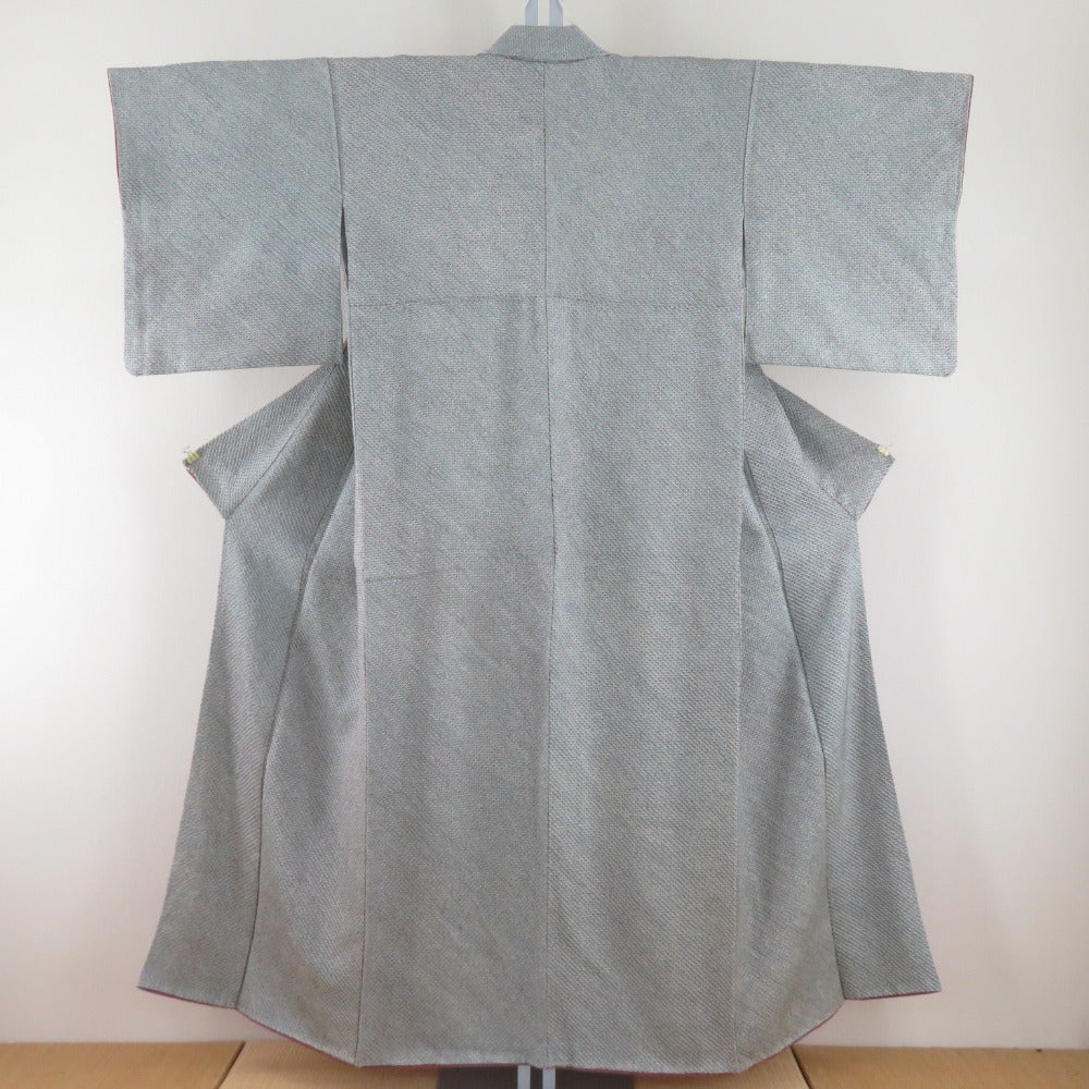 Komon lined wide collar gray blue x wine red total aperture Kanako pattern Petite size pure silk tailed height 150cm