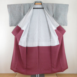 Komon lined wide collar gray blue x wine red total aperture Kanako pattern Petite size pure silk tailed height 150cm