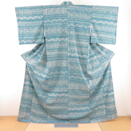 Komon Polyester Lined Bee Bee Collar Sarasa Pattern ethnic Turquoise Blue Washing Kimono