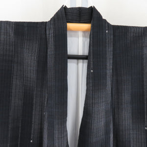 Tsumugi Kimono Kimono pattern black x gray lined wide collar pure silk silk casual kimono tailor 151cm