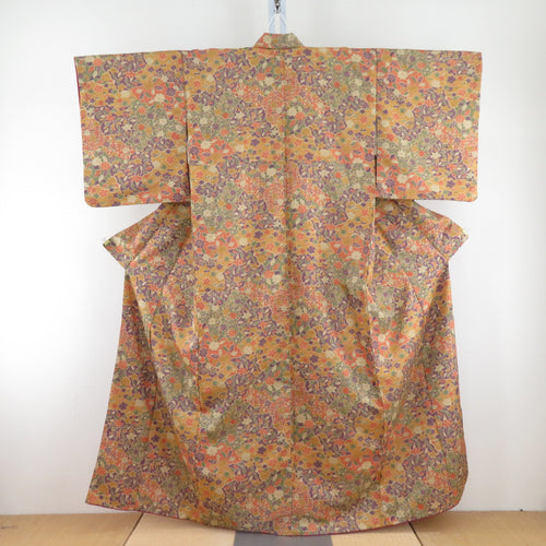 Komon lined polyester wide collar Tsuji is a wood -like pattern orange x pepper color x purple -colored kimono 156cm