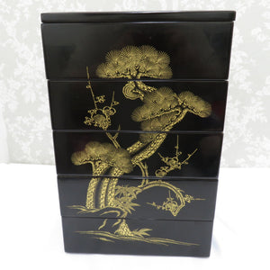 Antiques / folk art Kajima Box 5 -dan Yoshige Magami Yoshige Yoshimi Black -coated Uchizukin Shochiku Umeya Named Lacquer Ware Honen Noh Wira Island Boxed Box