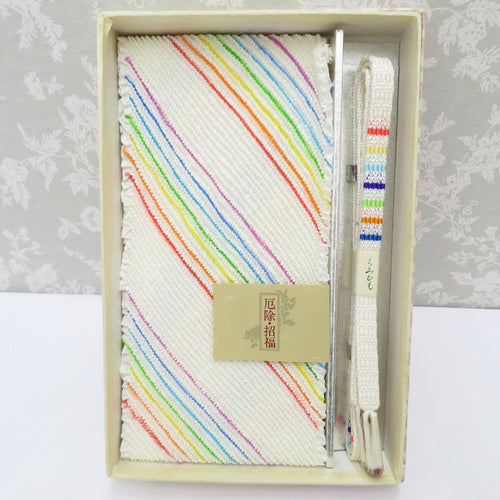 Obi tightening / obi -fried set pure silk squeezed white background x seven -colored bold bold silk 100% kimono accessory box entry rainbow unused item