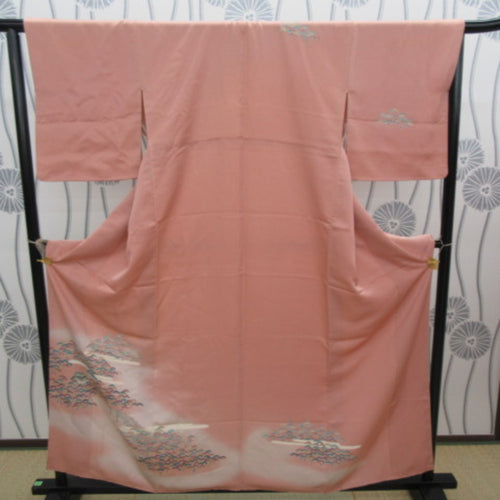 Attached landscape pattern pine / bridge / Kasumin binking ground sewing one crest one crest lined lined collar pure silk tailed kimono pink system