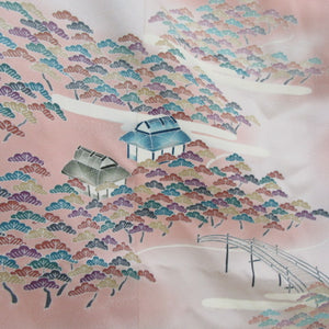 Attached landscape pattern pine / bridge / Kasumin binking ground sewing one crest one crest lined lined collar pure silk tailed kimono pink system