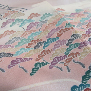 Attached landscape pattern pine / bridge / Kasumin binking ground sewing one crest one crest lined lined collar pure silk tailed kimono pink system