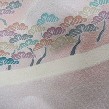 Load image into Gallery viewer, Attached landscape pattern pine / bridge / Kasumin binking ground sewing one crest one crest lined lined collar pure silk tailed kimono pink system