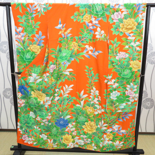 Kimono Pure Silk Orange Large Flowers Lined Collar Graduation Graduation Formal Tailoring Kimono Stage Purchasing Practice Display 157.3cm