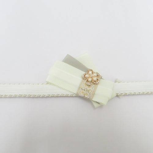 Obi tightening kimono belt 〆 white × gold ribbon pearl flower gold yarn 100% flat -grained adult ceremony graduation ceremony kimono length 154cm