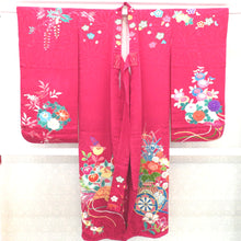 Load image into Gallery viewer, Children&#39;s kimono antique pure silk lined flower sentence flower car Hiogi Magenta Pink x multi -colored Taisho Roman Shichigosan girl display 125cm