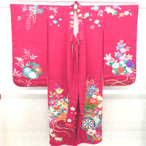 Children's kimono antique pure silk lined flower sentence flower car Hiogi Magenta Pink x multi -colored Taisho Roman Shichigosan girl display 125cm